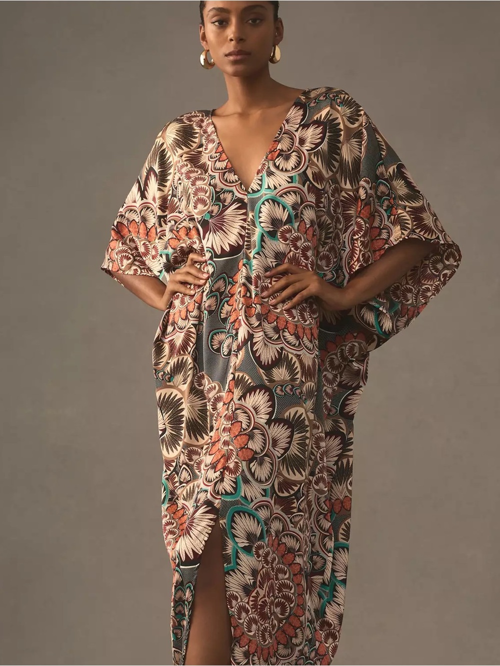 New! ANTHROPOLOGIE Printed Satin Fall Floral Kaftan Tunic